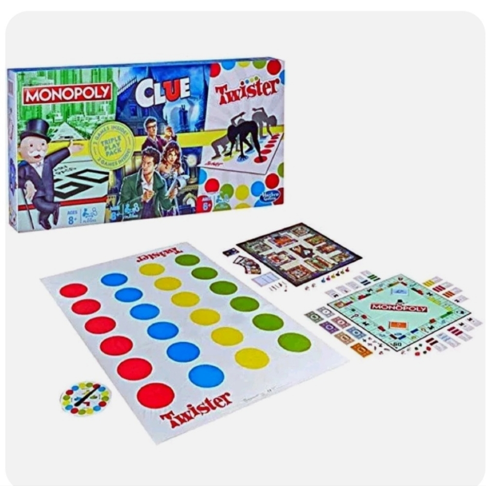 Hasbro MONOPOLY/Clue/Twister Triple Play Pack of 3 Family Board Games New